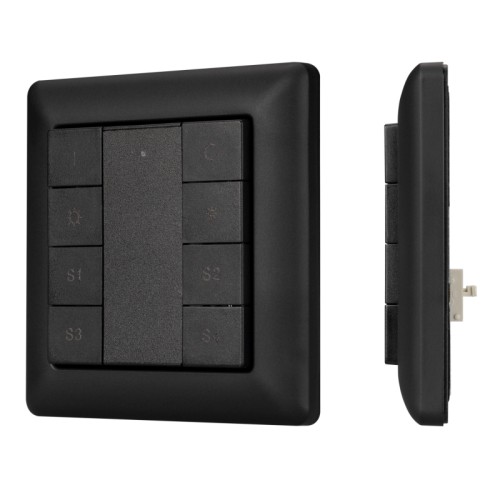 INTELLIGENT ARLIGHT Панель DALI-223-1G-4S-IN-BLACK (BUS) (IARL, -) Встраиваемая кнопочная черная пластиковая панель для работы по протоколу DALI. Включение/выключение, диммирование, вызов и сохранение 4-х сцен в 1 группе. Установка номера группы и номера первой сцены выполняется переключателями на корпусе. Питание от шины DALI (4 мА).