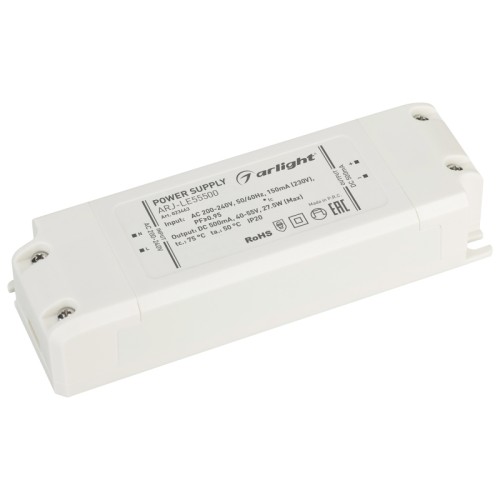 Блок питания ARJ-LE55500 (27.5W, 500mA, PFC) (Arlight, IP20 Пластик, 3 года) Источник тока с гальванической развязкой для светильников и мощных светодиодов. Входное напряжение 200-240 VAC. Выходные параметры: 40-55 В, 500 mА, 27.5 Вт. Встроенный PFC >0.95. Негерметичный пластиковый корпус IP 20. Габаритные размеры длина 120 мм, ширина 42 мм, высота 27 мм. Гарантийный срок 3 года.