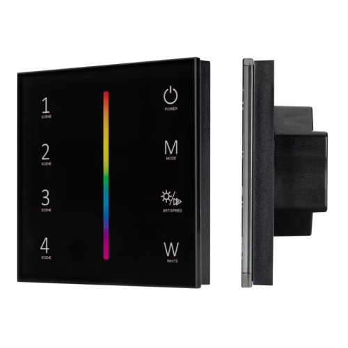 Панель SMART-P22-RGBW-G-IN Black (12-24V, 4x3A, Sens, 2.4G) (Arlight, IP20 Пластик, 5 лет) Встраиваемая сенсорная стеклянная панель 2.4 ГГц, цвет черный. Для управления светодиодными RGBW источниками света (ШИМ). Управление цветом с помощью сенсорной полосы. Работает в режиме master/slave и может выполнять функцию независимого контроллера. Питание/рабочее напряжение 12-24VDC, максимальный ток 3A на канал, 4 канала, максимальная мощность 144-288W. Габариты 86х86х37 мм. Панель совместима с пультами и контроллерами серии SMART.