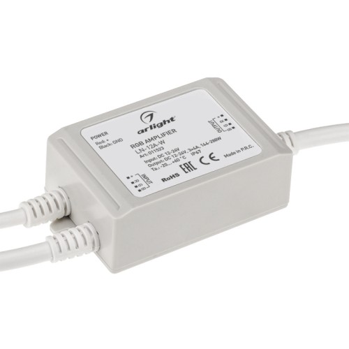 RGB-усилитель LN-12A-W (12/24V, 144/288W) (Arlight, -) Влагозащищенный (IP67) RGB-усилитель (для контроллеров 12-24V). Общий анод. Макс.ток 12А (не более 4А на канал). Габариты 95х52х30 мм.