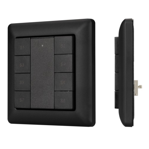 INTELLIGENT ARLIGHT Панель DALI-223-1G-8SC-IN-BLACK (BUS) (IARL, -) Встраиваемая кнопочная черная пластиковая панель для работы по протоколу DALI. Может устанавливаться как в дополнение к диммирующей панели, так и автономно, для вызова ранее сохраненных сцен в 1 группе управления. Установка номера группы выполняется переключателями на корпусе. 8 кнопок, 8 сцен (вызов). Установка номера первой сцены выполняется переключателями на корпусе. Питание от шины DALI (4 мА).