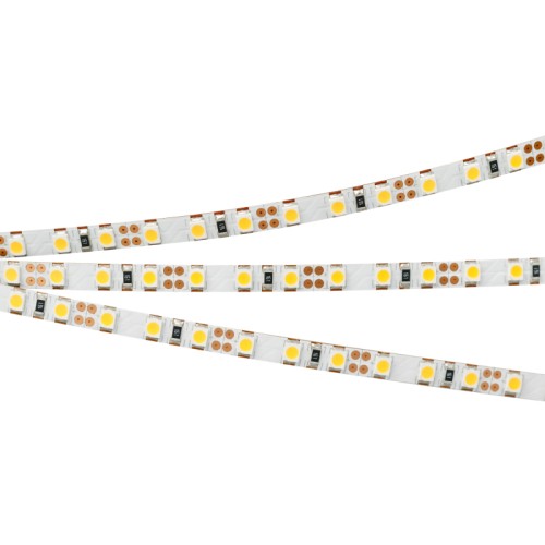 Лента RT 2-5000 12V Warm2400 5mm 2x (3528, 600 LED, LUX) (Arlight, 9.6 Вт/м, IP20) Гибкая лента LUX, светодиоды smd 3528, 120шт/м (600шт на 5м), узкая плата 5мм, скотч 3М. Цвет ТЕПЛЫЙ (как свеча) 2200-2400K. Питание 12V, мощность 9.6 Вт/м (48 Вт на 5м), угол 120°, цветопередача CRI>85. Размеры 5000х5x1.8мм. Мин.отрезок 25мм, 3шт светодиода. Пакет 5м. Цена за 1м. Обязательная установка на профиль.