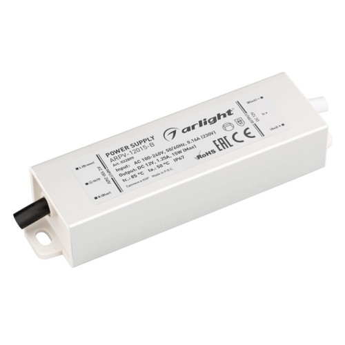 Блок питания ARPV-12015-B (12V, 1.3A, 15W) (Arlight, IP67 Металл, 3 года) Источник напряжения с гальванической развязкой для светодиодных изделий. Входное напряжение 100-240 VAC. Выходные параметры: 12 В, 1,25 А, 15 Вт. Встроенный PFC >0,5. Герметичный алюминиевый корпус IP 67. Рабочая температура -25…+50C⁰. Габаритные размеры длина 109 мм, ширина 29 мм, высота 20 мм. Гарантийный срок 3 года.