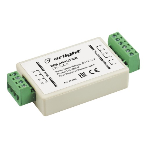 RGB-усилитель LN-12A-T (12/24V, 144/288W) (Arlight, IP20 Пластик, 1 год) RGB-усилитель 12/24В, 144/288Вт. 4А на канал (3 канала). Корпус пластик.
Размер 98х45х18mm.