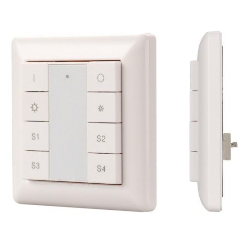 INTELLIGENT ARLIGHT Панель DALI-223-1G-4S-IN (BUS) (IARL, -) Встраиваемая кнопочная белая пластиковая панель для работы по протоколу DALI. Включение/выключение, диммирование, вызов и сохранение 4-х сцен в 1 группе. Установка номера группы и номера первой сцены выполняется переключателями на корпусе. Питание от шины DALI (4 мА).