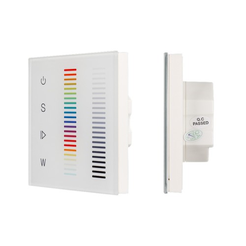 Панель Sens SR-2834RGBW-AC-RF-IN White (220V,RGBW,1 зона) (Arlight, IP20 Пластик, 3 года) Встраиваемая стеклянная белая Touch-панель с двумя сенсорными слайдерами, RGBW 1 зона. Управление – по радиоканалу (совместимы с контроллерами SR-1009x). Питание 220 В. Размер 86x86x29 мм.