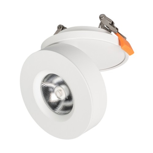 Светильник LGD-MONA-BUILT-R100-12W White5000 (WH, 24 deg) (Arlight, IP40 Металл, 3 года) Поставка под заказ от 100 шт. Встраиваемый поворотный откидной светильник для потолка, 12Вт. Цвет БЕЛЫЙ 5000K, св.поток 800лм, CRI(Ra)>90, угол 24°. Угол поворота 355°, угол наклона 90°. Корпус круглый, белый алюминий, IP40. Размер DxH Ø100x45мм. Установка в отверстие 70мм. Питание AC 220-240V, 12Вт, драйвер в комплекте (DC 300mA, 25-42V).