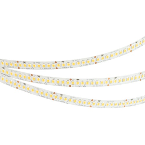 Лента UL-A200-10mm 24V Warm2700 (20 W/m, IP20, 2835, 5m) (Arlight, высок.эфф.150 лм/Вт) Светодиодная гибкая лента серии UL. Светодиоды 2835, 200 шт/м (1000 шт на 5 м). Белая плата 10 мм, скотч 3M. Цвет теплый 2700 K, CRI> 90, угол рассеивания 120°. Напряжение питания 24 В, мощность 20 Вт/м (100 Вт на 5 м). Размеры 5000x10x1.5 мм. Мин.отрезок 40 мм (8 светодиодов). Цена за 1 м.
