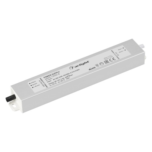 Блок питания ARPV-12030-B (12V, 2.5A, 30W) (Arlight, IP67 Металл, 3 года) Источник напряжения с гальванической развязкой для светодиодных изделий. Входное напряжение 200-240 VAC. Выходные параметры: 12 В, 2,5 А, 30 Вт. Встроенный PFC >0,5. Герметичный алюминиевый корпус IP 67. Рабочая температура -25…+50C⁰. Габаритные размеры длина 182 мм, ширина 29 мм, высота 20 мм. Гарантийный срок 3 года.