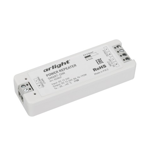 Усилитель SMART-DIM (12-24V, 1x8A) (Arlight, IP20 Пластик, 5 лет) Одноканальный усилитель для диммеров (12-24VDC). Питание 12-24VDC. 1 канал, ток нагрузки 1x8A, мощность нагрузки 96-192W. Размер 97x33x18 мм.