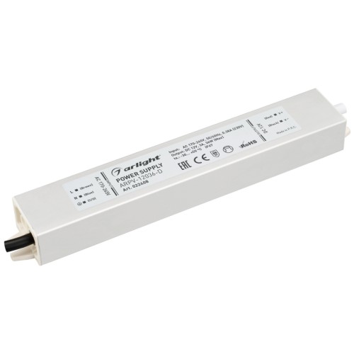 Блок питания ARPV-12036-D (12V, 3.0A, 36W) (Arlight, IP67 Металл, 3 года) Источник напряжения с гальванической развязкой для светодиодных изделий. Входное напряжение 170-265 VAC. Выходные параметры: 12 В, 3 А, 36 Вт. Встроенный PFC >0,5. Герметичный алюминиевый корпус IP 67. Рабочая температура -30…+50C⁰. Габаритные размеры длина 182 мм, ширина 30 мм, высота 20 мм. Гарантийный срок 3 года.
