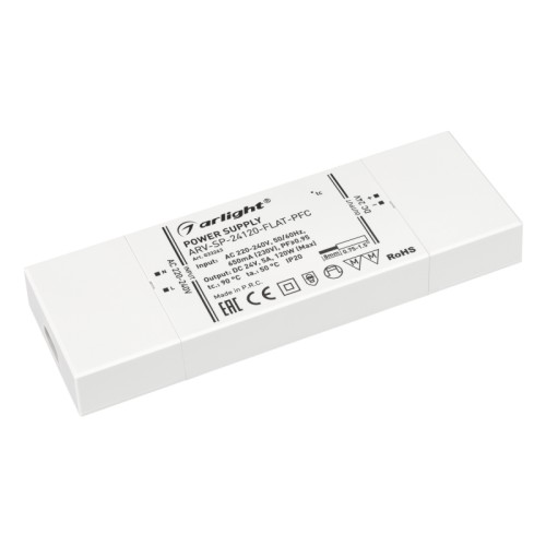 Блок питания ARV-SP-24120-FLAT-PFC (24V, 5A, 120W) (Arlight, IP20 Пластик, 5 лет) Источник напряжения с гальванической развязкой для светодиодных изделий. Входное напряжение 220-240 VAC. Выходные параметры: 24 В, 5 А, 120 Вт. Встроенный PFC >0.9. Сверхтонкий пластиковый корпус IP20. Габаритные размеры длина 190 мм, ширина 65 мм, высота 22 мм. Гарантийный срок 5 лет.