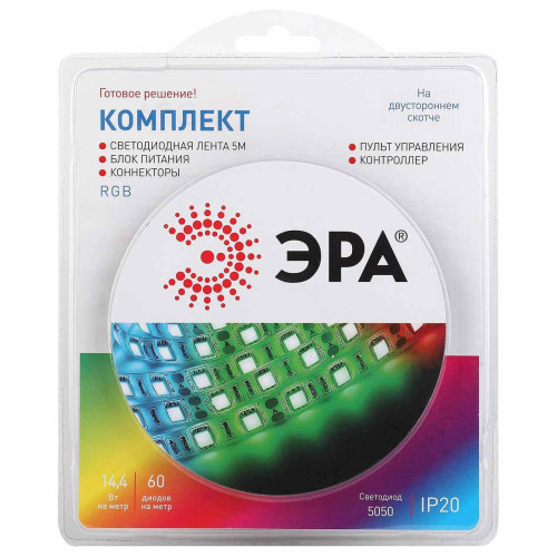 Светодиодная лента ЭРА 14,4W/m 60LED/m 5050SMD RGB 5M 5050kit-14,4-60-12-IP20-RGB-5m Б0043067 