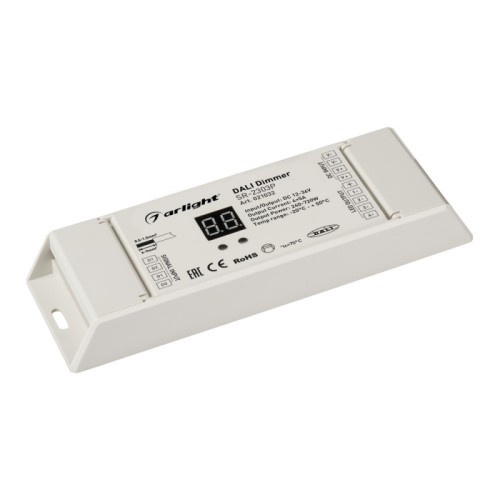 Диммер DALI SR-2303P (12-36V, 240-720W, 4 адреса) (Arlight, -) DALI диммер на 4 адреса (1-4 адреса), для одноцветных и RGBW светодиодных лент, 4 асинхронных канала. "Умный дом". Питание\выход 12-36VDC. Макс.ток 4x5A. Макс. мощность 4x(60-180)W. Вх/вых. клеммы Wago (безвинтовые). Размеры 165x53x23 мм