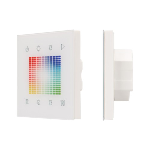 Панель Sens SR-2831S-AC-RF-IN White (220V,RGB,1зон (Arlight, IP20 Пластик, 3 года) Встраиваемая стеклянная белая Touch-панель с уникальным сенсорным RGBW-квадратом, раздельная регулировка каналов (4 канала - R,G,B,W), 1 зона. Управление 1 зоной по радиоканалу контроллерами серии SR-1009. Питание 220 В. Размер 86x86x29 мм.
