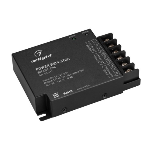 Усилитель SMART-DIM (12-24V, 1x30A) (Arlight, IP20 Металл, 5 лет) Одноканальный усилитель для диммеров (12-24VDC). Питание 12-24VDC. 1 канал, ток нагрузки 1x30A, мощность нагрузки 360-720W. Размер 107x75x24.5 мм.
