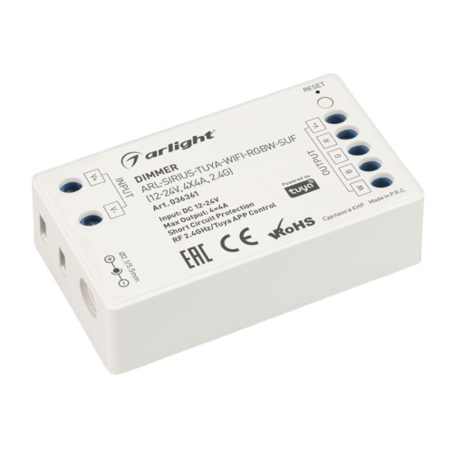 Диммер ARL-SIRIUS-TUYA-WIFI-RGBW-SUF (12-24V, 4x4A, 2.4G) (Arlight, IP20 Пластик, 3 года) Контроллер четырехканальный для RGBW светодиодных лент. Питание/рабочее напряжение 12-24VDC, максимальный ток 4A на канал, 4 канала, максимальная мощность 192-384W. Частота ШИМ 1.95kГц, Wi-Fi 2.4G. Винтовые клеммы. Корпус - PVC. Габариты 70х40х20 мм. Cовместим с платформой TUYA, поддерживается управление ЯНДЕКС АЛИСА. Список совместимых пультов в разделе "Совместимые".