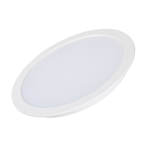 Светильник DL-BL225-24W Warm White (Arlight, IP40 Металл, 3 года) Светодиодная панель 24Вт, корпус белый IP40, круглый. Цвет ТЕПЛЫЙ БЕЛЫЙ 3000K, св.поток 1920-2160лм, CRI(Ra)>80, угол 100°. Размер Ф225x26 мм, установка в отверстие 205 мм. Питание AC 180-240V, 24Вт, DC600mA 36...44V, драйвер в комплекте.