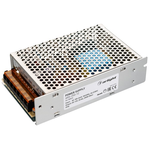 Блок питания ARS-250-12 (12V, 20,8A, 250W) (Arlight, IP20 Сетка, 2 года) Источник напряжения с гальванической развязкой для светодиодных изделий. Входное напряжение 185-264 VAC. Выходные параметры: 12 В, 20,8 А, 250 Вт. Встроенный PFC >0,5. Негерметичный алюминиевый сетчатый корпус IP 20. Габаритные размеры длина 160 мм, ширина 98 мм, высота 42 мм. Гарантийный срок 2 года.