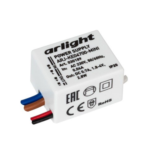 Блок питания ARJ-KE04700-MINI (2.8W, 700mA) (Arlight, IP20 Пластик, 5 лет) Источник тока с гальванической развязкой для светильников и мощных светодиодов. Входное напряжение 220-240 VAC. Выходные параметры: 1,8-4 В, 700 mА, 2,8 Вт. Встроенный PFC >0.4. Негерметичный пластиковый корпус IP 20. Габаритные размеры длина 34 мм, ширина 22.8 мм, высота 17 мм. Гарантийный срок 5 лет.