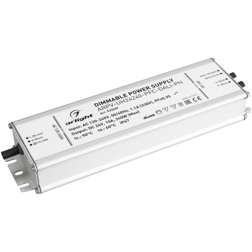 Блок питания ARPV-UH24240-PFC-DALI-PH (24V, 10.0A, 240W) (Arlight, IP67 Металл, 7 лет) Диммируемый источник напряжения по протоколу DALI с гальванической развязкой для светодиодных изделий. Входное напряжение 120-240 VAC. Выходные параметры: 24 В, 10 А, 240 Вт. Встроенный PFC >0.95. Герметичный алюминиевый корпус IP 67. Рабочая температура -40…+70C⁰. Габаритные размеры длина 242 мм, ширина 67.5 мм, высота 38.5 мм. Гарантийный срок 7 лет.