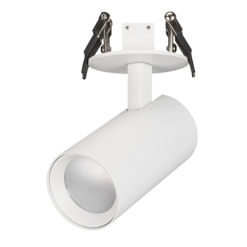 Светильник LGD-LUMOS-R55-9W Warm3000 (WH, 25 deg, 230V) (Arlight, IP20 Металл, 3 года) Встраиваемый поворотный светильник для потолка. Мощность 9 Вт, св. поток 666 лм, 74 лм/Вт, теплый 3000 K, CRI>90, угол 25°, напряжение питания 230 В. Белый корпус из алюминия, линза PC, степень защиты IP20. Размер: диаметр 55 мм, длина 110 мм, высота 80 мм. Угол поворота 350°, угол наклона 90°. Монтаж встраиваемый, установочное отверстие диаметр 60 мм. Драйвер 30-45 В, 220 мА, пульсация 