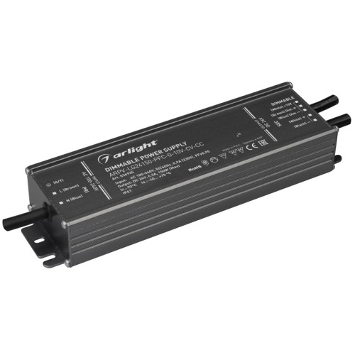 Блок питания ARPV-LG24150-PFC-0-10V-CV-CC (24V, 6.3A, 150W) (Arlight, IP67 Металл, 5 лет) Диммируемый источник напряжения с переходом в режим источника тока по стандарту 0-10 В (также доступно диммирование ШИМ / резистор) с гальванической развязкой для светодиодных изделий. Входное напряжение 100-240 VAC. Выходные параметры: 24 В (не ШИМ), 6,3А, 150 Вт. Встроенный PFC >0.95. Герметичный алюминиевый корпус IP 67. Рабочая температура -40…+70C⁰. Габаритные размеры длина 221мм, ширина 62 мм, высота 37 мм. Гарантийный срок 5 лет.