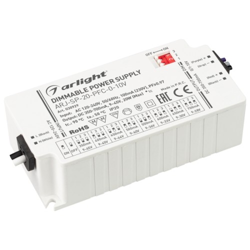 Блок питания ARJ-SP-20-PFC-0-10V (20W, 350-700mA) (Arlight, IP20 Пластик, 5 лет) Поставка под заказ от 500 шт. Диммируемый источник тока по стандарту 0-10V с гальванической развязкой для светильников и мощных светодиодов. Входное напряжение 120-240 VAC. Выходные параметры: 9-45 В, 350-700 mА, 20 Вт. Встроенный PFC >0.9. Негерметичный пластиковый корпус IP 20. Габаритные размеры длина 88 мм, ширина 43 мм, высота 26.5 мм. Гарантийный срок 5 лет.
