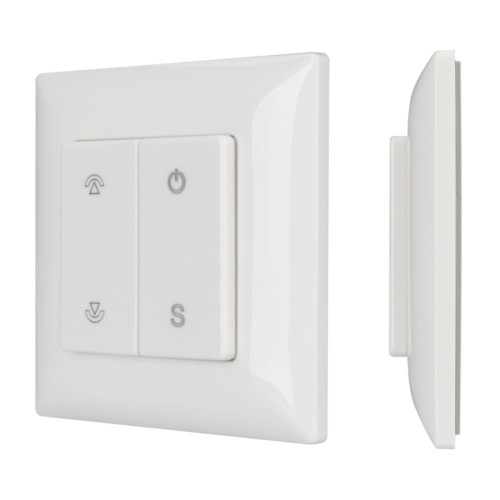 Панель SMART-P46-DIM-P-SUF (3V, 1 зона, Knob, 2.4G) (Arlight, Пластик) Накладная кнопочная панель 2.4 ГГц, цвет белый. Материал - пластик. Для управления одноцветными источниками света, 1 зона управления. Питание/рабочее напряжение 3VDC от батарейки CR2032. Габариты 86х86х14 мм. Совместима с диммерами SMART.