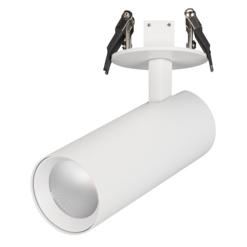 Светильник LGD-LUMOS-R55-16W Warm3000 (WH, 25 deg, 230V) (Arlight, IP20 Металл, 3 года) Встраиваемый поворотный светильник для потолка. Мощность 16 Вт, св. поток 1280 лм, 80 лм/Вт, теплый 3000 K, CRI>90, угол 25°, напряжение питания 230 В. Белый корпус из алюминия, линза PC, степень защиты IP20. Размер: диаметр 55 мм, длина 150 мм, высота 80 мм. Угол поворота 350°, угол наклона 90°. Монтаж встраиваемый, установочное отверстие диаметр 60 мм. Драйвер 26-40 В, 400 мА, пульсация 