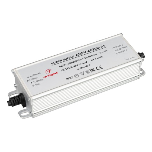 Блок питания ARPV-48200-A1 (48V, 4.2A, 200W) (Arlight, IP67 Металл, 3 года) Источник напряжения с гальванической развязкой для светодиодных изделий. Входное напряжение 200-240 VAC. Выходные параметры: 48 В, 4.2 А, 200 Вт. Встроенный PFC >0,5. Герметичный алюминиевый корпус IP 67. Рабочая температура -40…+70C⁰. Габаритные размеры длина 174 мм, ширина 56 мм, высота 36 мм. Гарантийный срок 3 года.