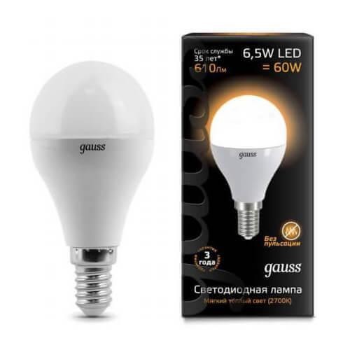 Лампа светодиодная Gauss E14 6.5W 3000K матовая 105101107 