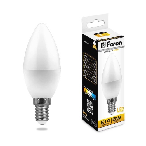 Лампа светодиодная Feron E14 5W 2700K Свеча Матовая LB-72 25400 