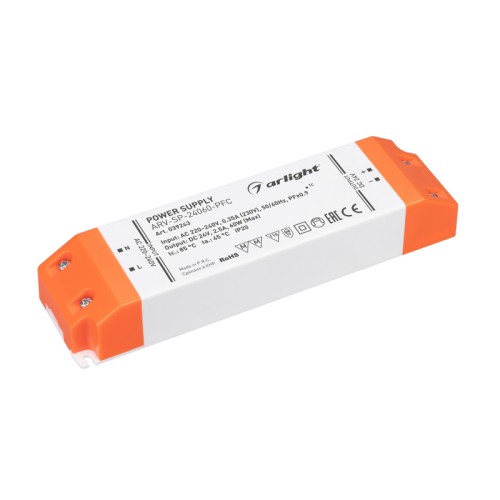 Блок питания ARV-SP-24060-PFC (24V, 2.5A, 60W) (Arlight, IP20 Пластик, 5 лет) 
