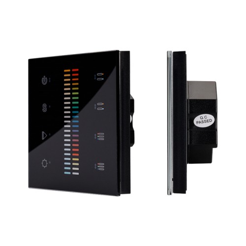 Панель Sens SR-2830C-AC-RF-IN Black (220V,RGB+CCT,4зоны) (Arlight, IP20 Пластик, 3 года) Встраиваемая стеклянная черная Touch-панель с сенсорным слайдером, 4 зоны, 1-2 зона CCT, 3-4 зоны RGB. Управление – по радиоканалу (совместимы с контроллерами SR-1009x). Питание 220 В. Размер 86x86x29мм.