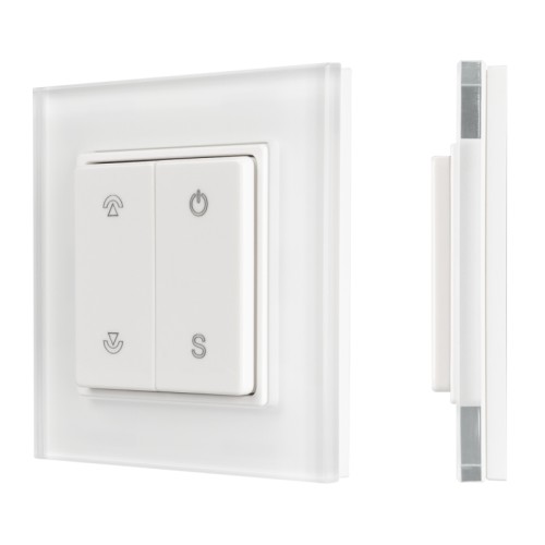Панель SMART-P47-DIM-G-SUF (3V, 1 зона, Knob, 2.4G) (Arlight, Стекло) Накладная кнопочная панель 2.4 ГГц, цвет белый. Материал - стекло. Для управления одноцветными источниками света, 1 зона управления. Питание/рабочее напряжение 3VDC от батарейки CR2032. Габариты 86х86х15 мм. Совместима с диммерами SMART.