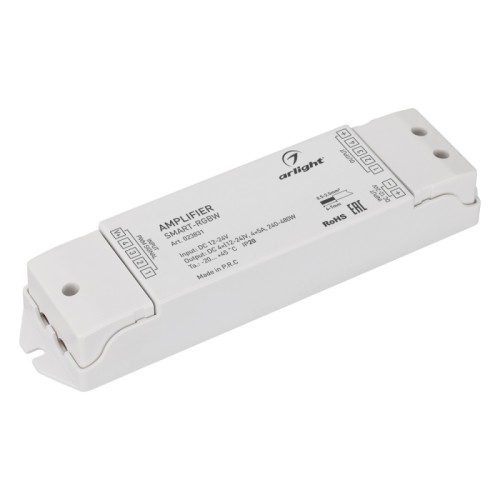Усилитель SMART-RGBW (12-24V, 4x5A) (Arlight, IP20 Пластик, 5 лет) RGBW-усилитель. Питание 12-24VDC. 4 канала, ток нагрузки 4x5A, мощность нагрузки 240-480W. Размер 175x45x27 мм.