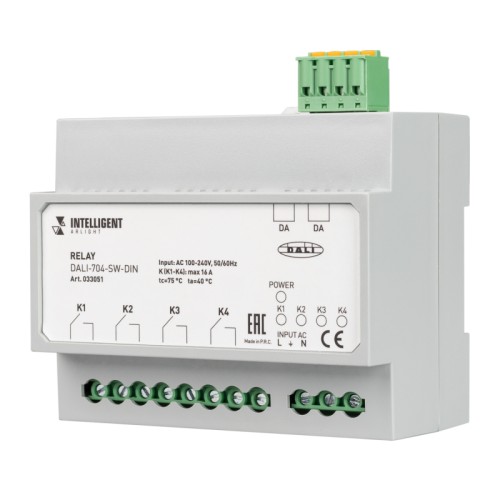 INTELLIGENT ARLIGHT Релейный модуль DALI-704-SW-DIN (BUS, 4х16A) (IARL, IP20 Пластик, 3 года) Релейный четырехканальный релейный модуль с управлением по DALI для управления по 230В. Вход / выход 100-240В, максимальный коммутируемый ток 4х16А. Независимые (сухие) контакты. Размеры 160х87х64 мм.
