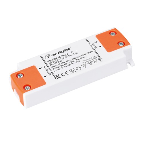 Блок питания ARV-SP-12015-FLAT-B (12V, 1.25A, 15W) (Arlight, IP20 Пластик, 5 лет) 