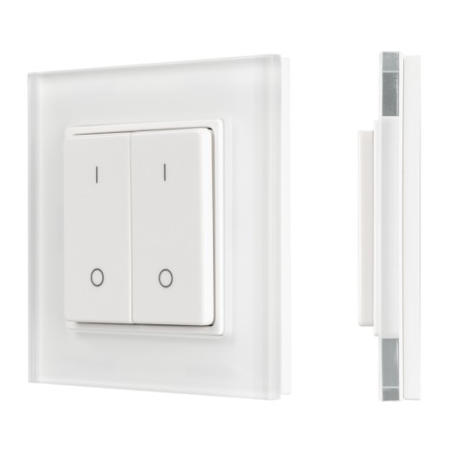 Панель SMART-P47-DIM-G-SUF (3V, 2 зоны, Knob, 2.4G) (Arlight, Пластик) Накладная кнопочная панель 2.4 ГГц, цвет белый. Материал - стекло. Для управления одноцветными источниками света, 2 зоны управления. Питание/рабочее напряжение 3VDC от батарейки CR2032. Габариты 86х86х15 мм. Совместима с диммерами SMART.