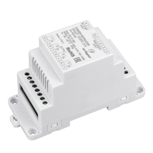 Усилитель SMART-RGBW-DIN (12-36V, 4x5A) (Arlight, IP20 Пластик, 5 лет) RGBW-усилитель для установки на DIN-рейку. Питание 12-36VDC. 4 канала, ток нагрузки 4x5A, мощность нагрузки 240-720W. Размер 115x48x67 мм.
