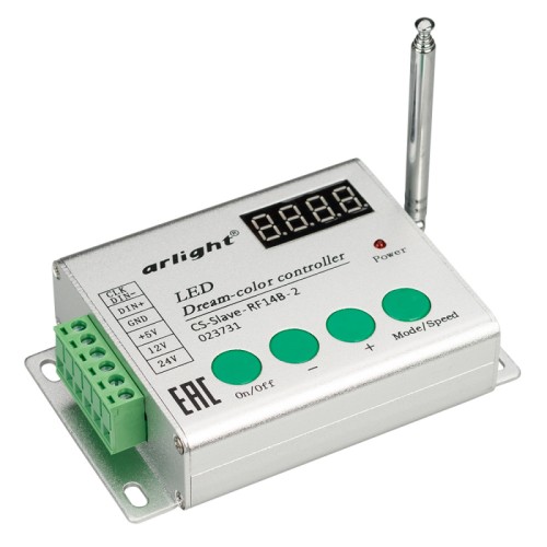 Контроллер CS-Slave-RF14B-2 (5-24V, ПДУ 14кн) (Arlight, IP20 Металл, 1 год) Slave-контроллер для лент RGB «Бегущий огонь» и управляемых модулей, протокол SPI, напряжение 5–24 В, 2048 пикселей, 300 встроенных программ, RF ПДУ в комплекте. Беспроводная синхронизация с Master-контроллером (арт. 023729) на расстоянии до 200 м. Автономная работа без Master-контроллера. Размер контроллера 107×71×26 мм, размер пульта 85х39х7мм. Список поддерживаемых микросхем см. в Таблице микросхем.