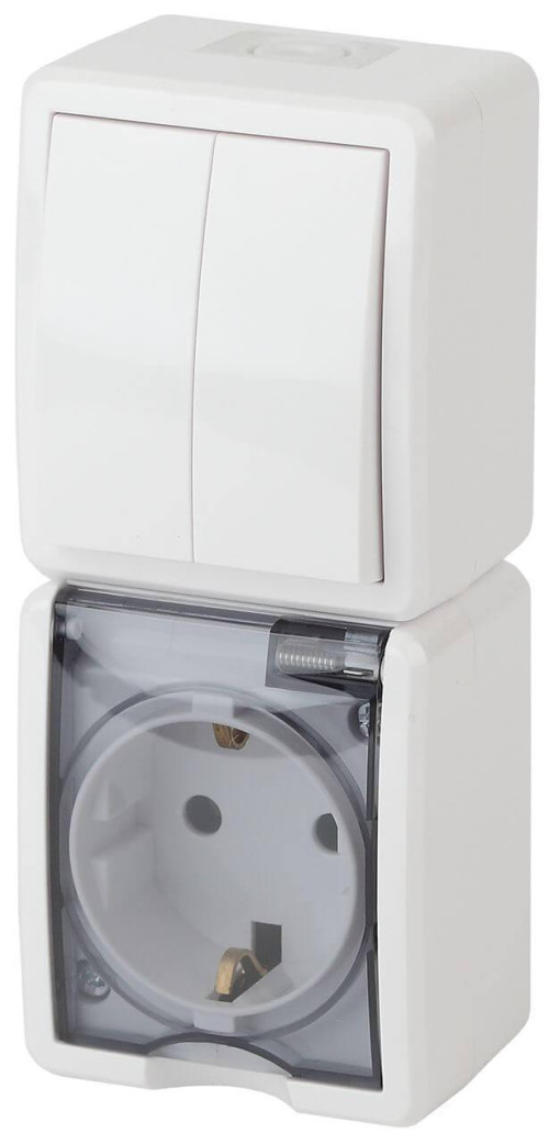 Блок розетка-выключатель двухклавишный ЭРА Эксперт IP54 16A 250V 11-7408-01 Б0036006 