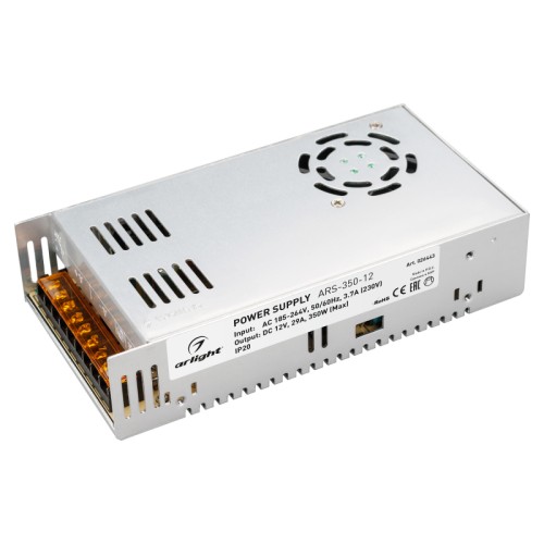 Блок питания ARS-350-12 (12V, 29A, 350W) (Arlight, IP20 Сетка, 2 года) Источник напряжения с гальванической развязкой для светодиодных изделий. Входное напряжение 185-264 VAC. Выходные параметры: 12 В, 29 А, 350 Вт. Встроенный PFC >0,5. Негерметичный алюминиевый сетчатый корпус IP 20. Габаритные размеры длина 215 мм, ширина 115 мм, высота 50 мм. Гарантийный срок 2 года.