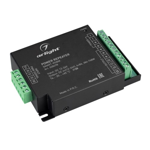 Усилитель SMART-RGBW (12-24V, 4x8A) (Arlight, IP20 Металл, 5 лет) RGBW-усилитель. Питание 12-24VDC. 4 канала, ток нагрузки 4x8A, мощность нагрузки 384-768W. Размер 107x75x25 мм.