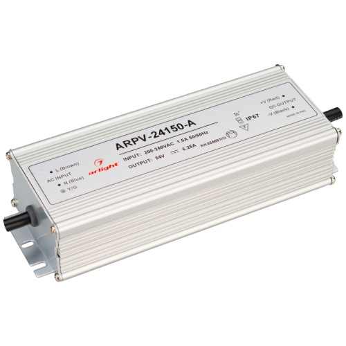Блок питания ARPV-24150-A (24V, 6.3A, 150W) (Arlight, IP67 Металл, 3 года) Источник напряжения с гальванической развязкой для светодиодных изделий. Входное напряжение 200-240 VAC. Выходные параметры: 24 В, 6.25 А, 150 Вт. Встроенный PFC >0.5. Герметичный алюминиевый корпус IP 67. Рабочая температура -30…+50C⁰. Габаритные размеры длина 198 мм, ширина 74 мм, высота 46 мм. Гарантийный срок 3 года.