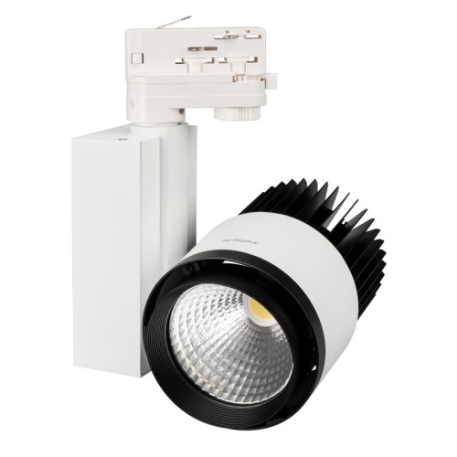 Светодиодный светильник LGD-537WH-40W-4TR Day White (Arlight, IP20 Металл, 3 года) Подвесной светильник для треков/шин 4 провода. Светодиод CREE 40W, цвет ДНЕВНОЙ 4000K, св.поток 3200-3600 лм, угол 24°. Белый корпус, черная рамка и радиатор. Мощность 40Вт, питание AC180-240V. Максимальные габариты HxLxW: 205х165х160 мм