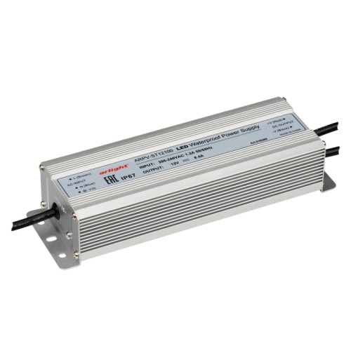 Блок питания ARPV-ST12100 (12V, 8.3A, 100W) (Arlight, IP67 Металл, 3 года) Источник напряжения с гальванической развязкой для светодиодных изделий. Входное напряжение 200-240 VAC. Выходные параметры: 12 В, 8,4 А, 100 Вт. Встроенный PFC >0,5. Герметичный алюминиевый корпус IP 67. Рабочая температура -30…+50C⁰. Габаритные размеры длина 220 мм, ширина 70 мм, высота 43 мм. Гарантийный срок 3 года.
