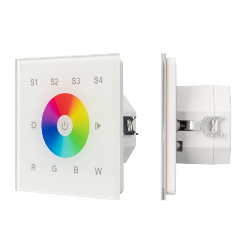 INTELLIGENT ARLIGHT Панель DALI-113-1G-RGBW-IN White (Bus, Sens) (IARL, -) Настенная встраиваемая стеклянная панель белого цвета с сенсорным управлением (сенсорное кольцо и 11 сенсорных кнопок) для мультицветных светодиодных RGBW-лент. 1 зона управления, 4 слота памяти пользовательских настроек. Питание от 230V или от шины DALI. Система команд DT8: до 64 устройств (DALI-DT8), при адресации DT8 4 каналов (RGBW) на 1 адрес.