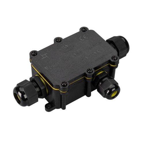 Коробка распределительная NEO-GERM-3-WTW (5-9mm) (Arlight, IP68) Коробка распределительная пластиковая с тремя выходами для соединения проводов диаметром 5-9 мм, сечением 0,5-2,5 мм2. Номинальный ток 24 А. Номинальное напряжение 450 В. Цвет черный. Степень защиты IP68. Рабочая температура -20 +80°С. Подключение питания без пайки.